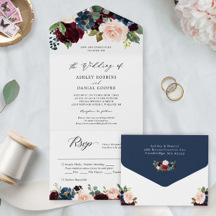Navy Burgundy Blush Floral Wedding Details RSVP All In One Uitnodiging