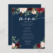 Navy Burgundy Blush Floral Wedding Flat Menu (Voorkant / Achterkant)
