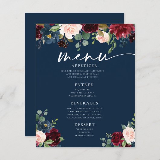 Navy Burgundy Blush Floral Wedding Flat Menu (Voorkant / Achterkant)