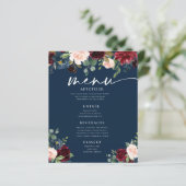 Navy Burgundy Blush Floral Wedding Flat Menu (Staand voorkant)