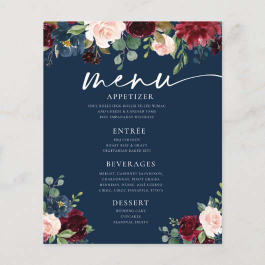 Navy Burgundy Blush Floral Wedding Flat Menu (Voorkant)