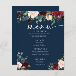 Navy Burgundy Blush Floral Wedding Flat Menu