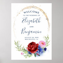 Navy Burgundy Blush Floral Wedding Welcome Sign
