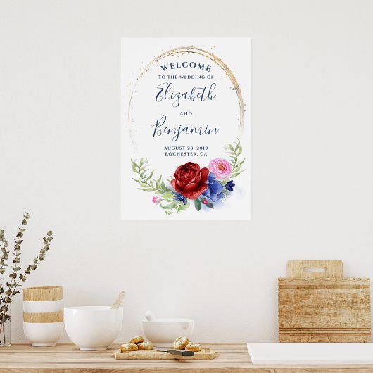 Navy Burgundy Blush Floral Wedding Welcome Sign Poster (Keuken)