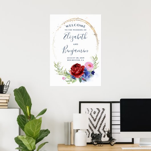 Navy Burgundy Blush Floral Wedding Welcome Sign Poster (Thuiskantoor)