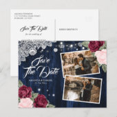 Navy Burgundy Blush Floral Wood Weddenfoto Aankondigingskaart (Voorkant / Achterkant)