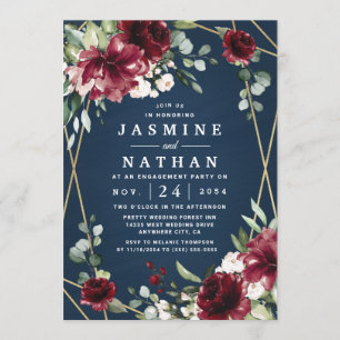 Navy Burgundy Blush Gold Floral Engagement Party Kaart