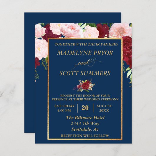 Navy Burgundy Blush Gold Lijst Budget bruiloft (Voorkant / Achterkant)