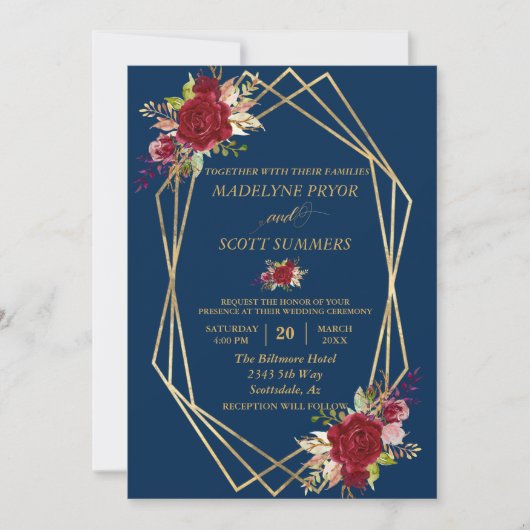 Navy Burgundy Blush Gold Lijst Gold Wedding Modern Kaart (Voorkant)