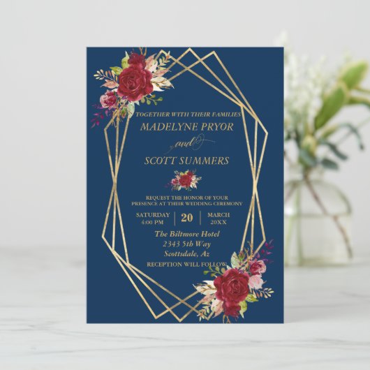 Navy Burgundy Blush Gold Lijst Gold Wedding Modern Kaart (Staand voorkant)
