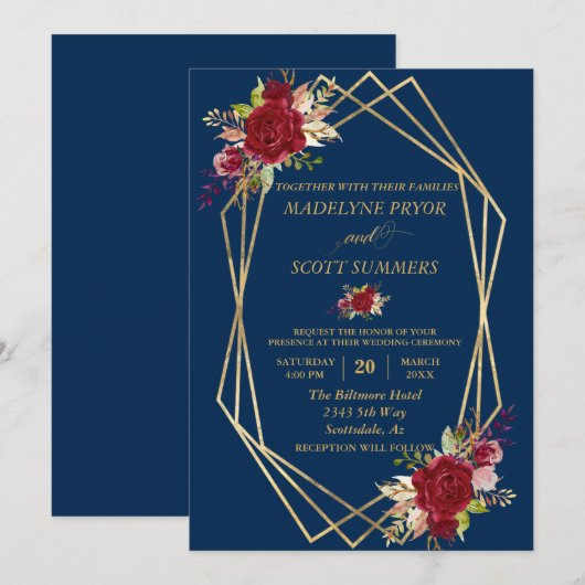Navy Burgundy Blush Gold Lijst Gold Wedding Modern Kaart (Voorkant / Achterkant)