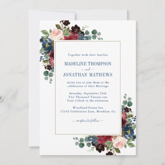 Navy Burgundy Blush Peonies Eucalyptus Weddenschap Kaart (Voorkant)