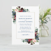 Navy Burgundy Blush Peonies Eucalyptus Weddenschap Kaart (Staand voorkant)