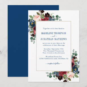 Navy Burgundy Blush Peonies Eucalyptus Weddenschap Kaart