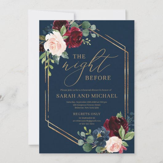 Navy burgundy blush roze floral bruiloft repetitie kaart (Voorkant)