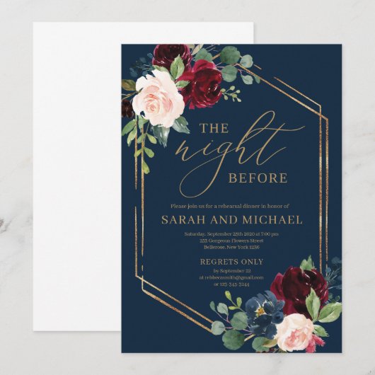 Navy burgundy blush roze floral bruiloft repetitie kaart (Voorkant / Achterkant)