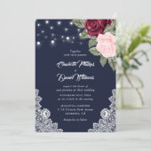 Navy Burgundy Blush Rustic Lace Floral Wedding Kaart (Staand voorkant)