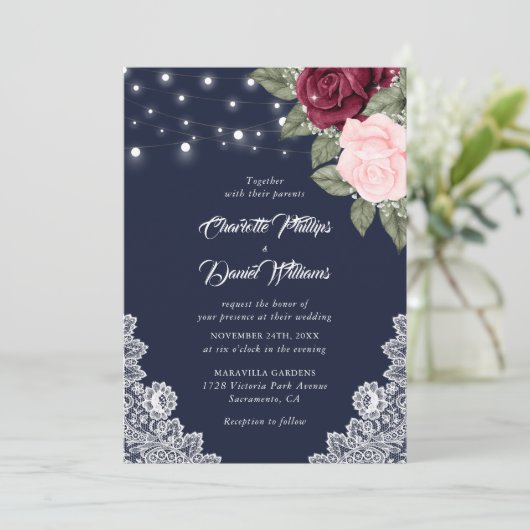 Navy Burgundy Blush Rustic Lace Floral Wedding Kaart (Staand voorkant)