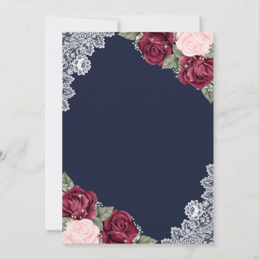 Navy Burgundy Blush Rustic Lace Floral Wedding Kaart (Achterkant)