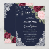 Navy Burgundy Blush Rustic Lace Floral Wedding Kaart (Voorkant / Achterkant)