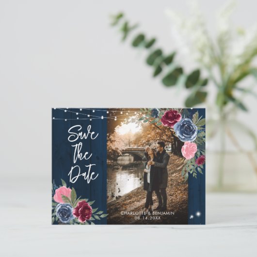 Navy Burgundy Blush Wedding Photo Save the Date Briefkaart (Staand voorkant)