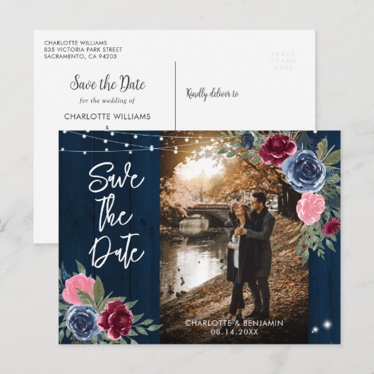 Navy Burgundy Blush Wedding Photo Save the Date Briefkaart (Voorkant / Achterkant)