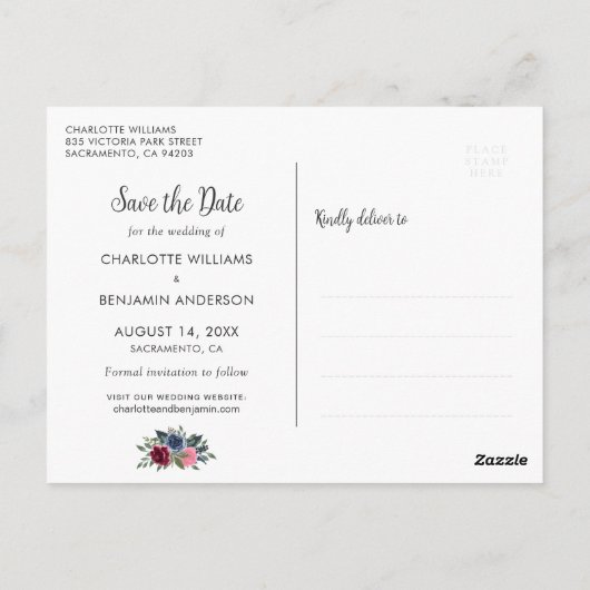 Navy Burgundy Blush Wedding Photo Save the Date Briefkaart (Achterkant)