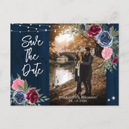 Navy Burgundy Blush Wedding Photo Save the Date Briefkaart (Voorkant)