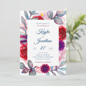 Navy Burgundy Blush Wedding Waterverf Floral Kaart (Staand voorkant)