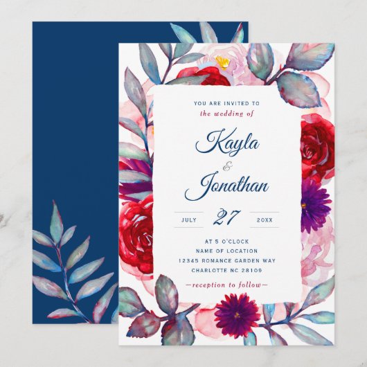 Navy Burgundy Blush Wedding Waterverf Floral Kaart (Voorkant / Achterkant)
