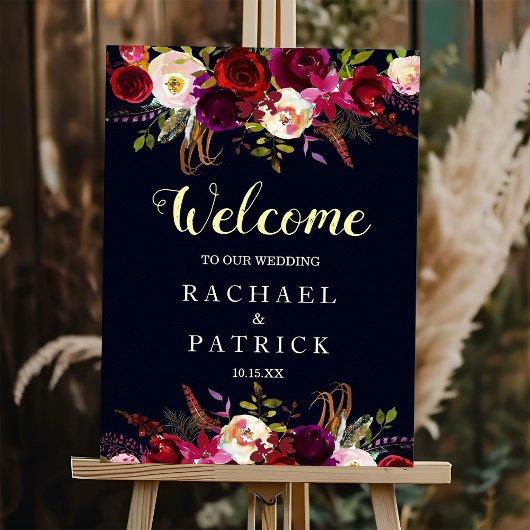 Navy Burgundy Boho Floral Welcome Wedding Sign Poster