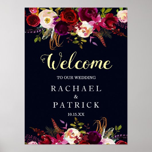 Navy Burgundy Boho Floral Welcome Wedding Sign Poster (Voorkant)