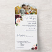 Navy Burgundy Botanical Floral Weduwfoto All In One Uitnodiging (Binnen)