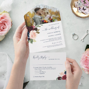 Navy Burgundy Botanical Floral Weduwfoto All In One Uitnodiging