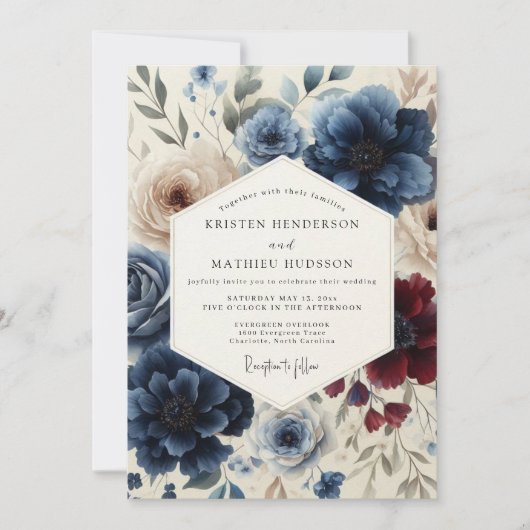 Navy & Burgundy Classic Floral Wedding Kaart (Voorkant)