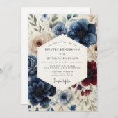 Navy & Burgundy Classic Floral Wedding Kaart (Voorkant / Achterkant)