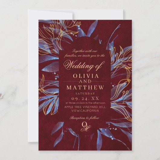 Navy & Burgundy Classic Monogram Wedding Kaart (Voorkant)