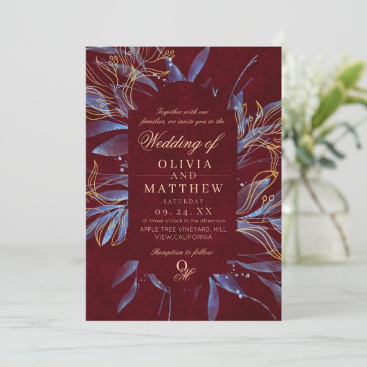 Navy & Burgundy Classic Monogram Wedding Kaart (Staand voorkant)