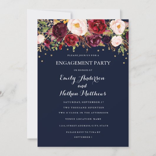 Navy Burgundy Confetti Floral Engagement Party Kaart (Voorkant)