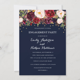 Navy Burgundy Confetti Floral Engagement Party Kaart