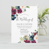 Navy & Burgundy Elegant Floral Waterverf Wedding Kaart (Staand voorkant)