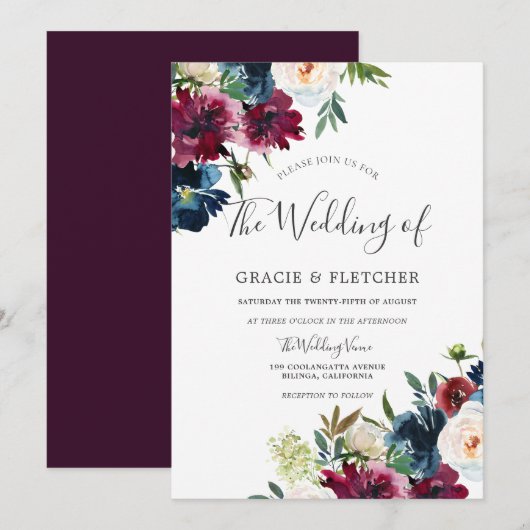 Navy & Burgundy Elegant Floral Waterverf Wedding Kaart (Voorkant / Achterkant)