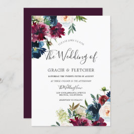 Navy & Burgundy Elegant Floral Waterverf Wedding Kaart