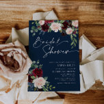 Navy Burgundy en Blush Bridal Shower Invitation Kaart<br><div class="desc">Boho Navy Burgundy en Blush Floral Bridal Shower Invitation. Deze uitnodiging wordt gekenmerkt door boho bogundy en blush rozen en bloemen met twee moderne hoogstaande lettertypen die de trends van het cadeau en toekomstige feestelijke gebeurtenissen bepalen.</div>