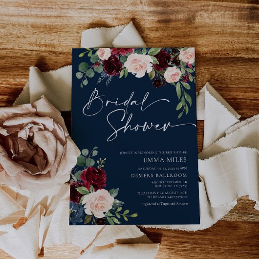 Navy Burgundy en Blush Bridal Shower Invitation Kaart
