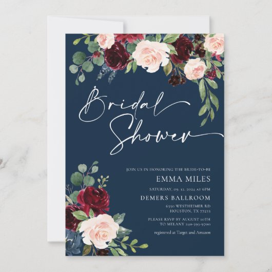Navy Burgundy en Blush Bridal Shower Invitation Kaart (Voorkant)