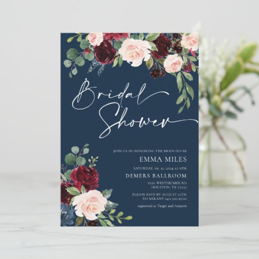 Navy Burgundy en Blush Bridal Shower Invitation Kaart (Staand voorkant)