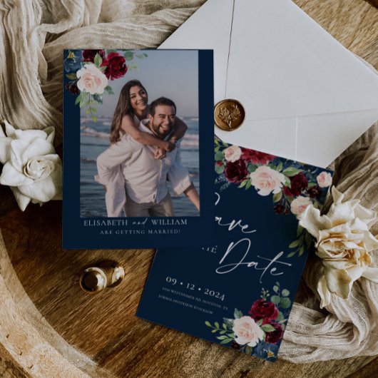 Navy Burgundy en Blush Save the Date Invitation Kaart