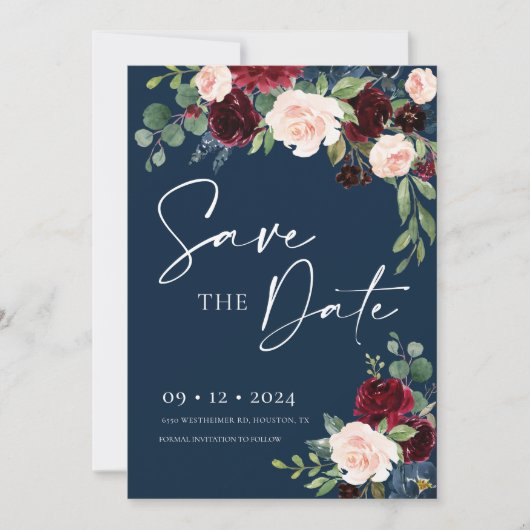 Navy Burgundy en Blush Save the Date Invitation Kaart (Voorkant)