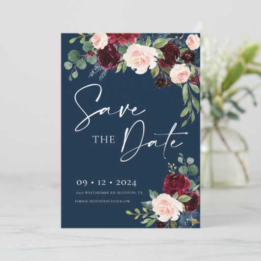Navy Burgundy en Blush Save the Date Invitation Kaart (Staand voorkant)